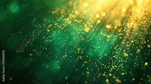 Asymmetric green light burst, abstract beautiful rays of lights on dark green background with the color of green and yellow, golden green sparkling backdrop with copy space © Mentari