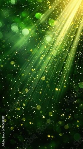 Asymmetric green light burst  abstract beautiful rays of lights on dark green background with the color of green and yellow  golden green sparkling backdrop with copy space