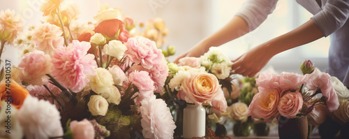 Woman Arranging Flowers on Table