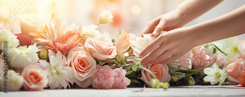 Woman Arranging Flowers on Table
