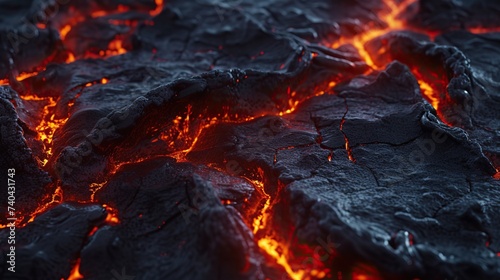 Lava texture background. Hot glowing lava closeup background, black orange heat design, top view. Abstract background of extinct lava with red gaps.