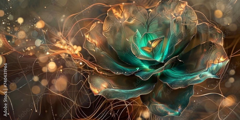 Digital Artwork of a Flower Rose exhibiting a Striking Interplay of Color and Light - Flower is Centrally placed and Seems to Emerge from Darkness into Light created with Generative AI Technology - obrazy, fototapety, plakaty 