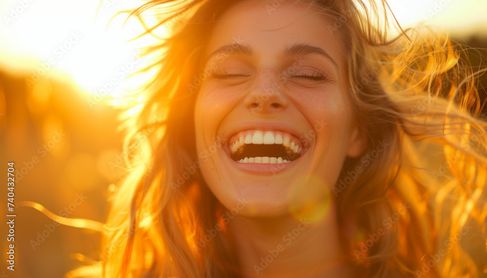 Radiant Joy: Close-Up of a Woman Laughing in the Sunset Light Radiant Joy: Close-Up of a Woman Laughing in the Sunset Light