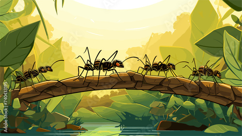 Abstract team of ants building a bridge with leaves. simple Vector art