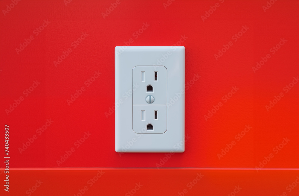 American Electricity Outlet with Saftey Features on a Red Wall American Electricity Outlet with Saftey Features on a Red Wall