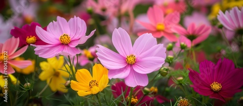 A vibrant assortment of flowers  including magenta blooms  spring from the grassy field. These flowering plants add a burst of color to the terrestrial landscape