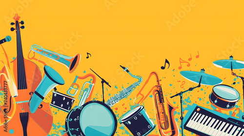 a collection of musical instruments such as guitar, piano, trumpet on a yellow background with copy space photo