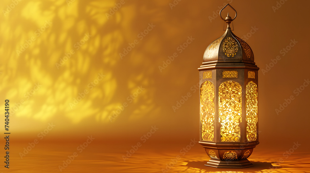 Gold Islamic lantern with gold background with copy space Gold Islamic lantern with gold background with copy space