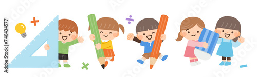 文房具・学校用品と子供達のイラスト素材