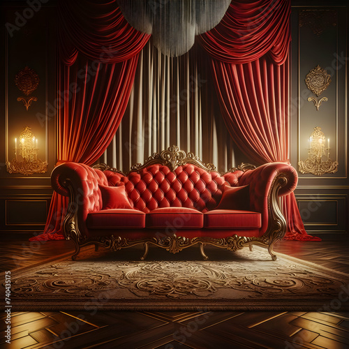 A red luxurious sofa against a wall with luxurious curtains ,light focused on sofa , modern interior design