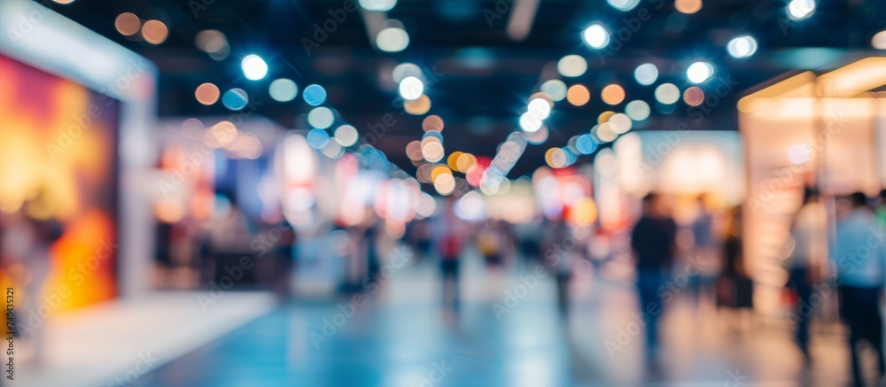 Vibrant Blur of People Walking Around in a Convention Center, Busy Event Scene with Motion Blur Effect - obrazy, fototapety, plakaty 