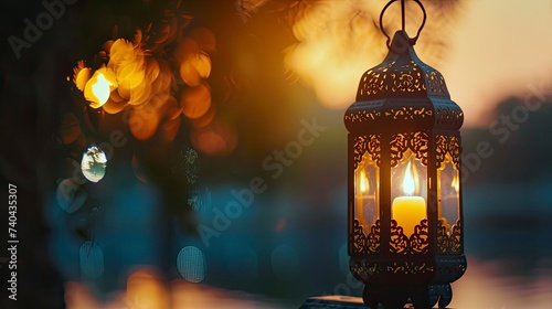 Muslim Holy Month Ramadan Kareem - Ornamental Arabic Lantern With Burning Candle And Bokeh Glowing At Evening - Eid Ul Fitr - generative ai