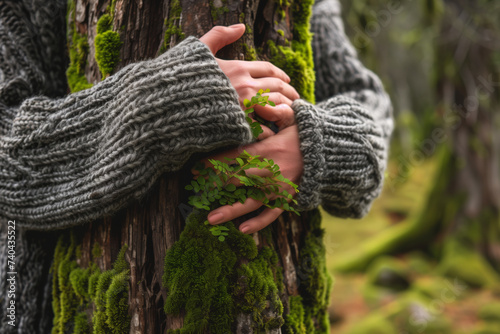 Hands hugging and embracing a tree in the forest