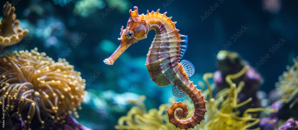 A Syngnathiformes organism, the seahorse, is gracefully swimming in the underwater world of a coral reef surrounded by sea anemones