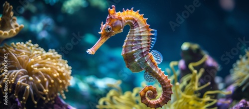 A Syngnathiformes organism, the seahorse, is gracefully swimming in the underwater world of a coral reef surrounded by sea anemones