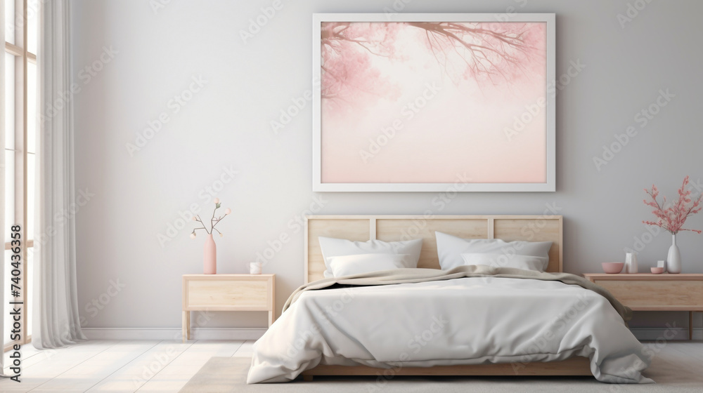 A serene bedroom with a blank white empty frame, adorned with a simple yet captivating watercolor painting in soft pastel shades. A serene bedroom with a blank white empty frame, adorned with a simple yet captivating watercolor painting in soft pastel shades.