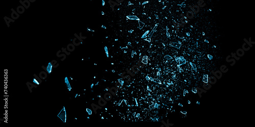 Broken blue glass on the black bachground. Isolated realistic cracked glass effect. Ice particles texture	 photo