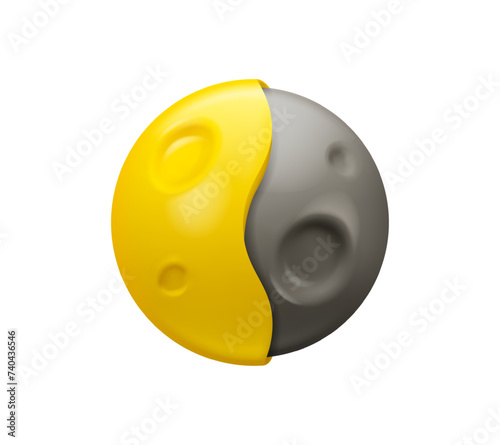 Moon emoji vector 3d. Cartoon yellow planet with craters emoticon, isolated on white background. Shiny design element, waning quarter phase