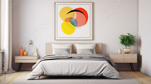 A serene bedroom with a blank white empty frame, adorned with a minimalist, digitally created artwork in bold primary colors. photo