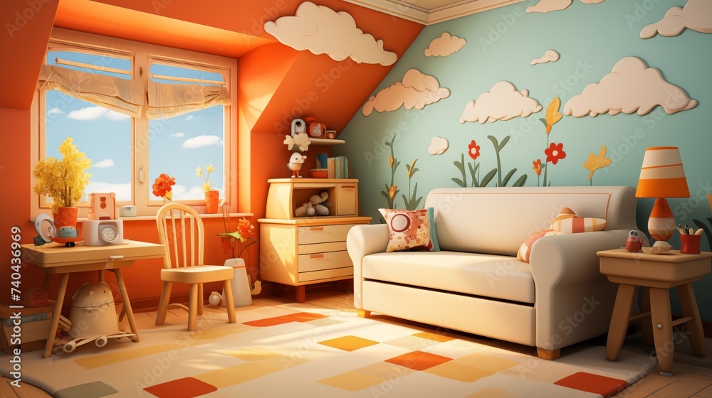 A cheerful nursery with vibrant coral walls and sunny yellow accents, featuring whimsical wall decals and plush toys, creating a bright and playful environment for the little one to explore and grow - obrazy, fototapety, plakaty 
