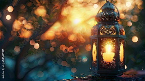 Muslim Holy Month Ramadan Kareem - Ornamental Arabic Lantern With Burning Candle And Bokeh Glowing At Evening - Eid Ul Fitr - generative ai