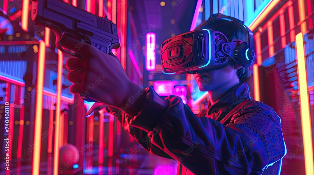 a man wearing VR headset, in a game zone, animated a man wearing VR headset, in a game zone, animated