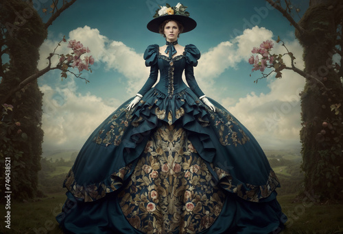 Elegant woman in victorian period style dress and flowers , renaissance aesthetic fine art #740438521