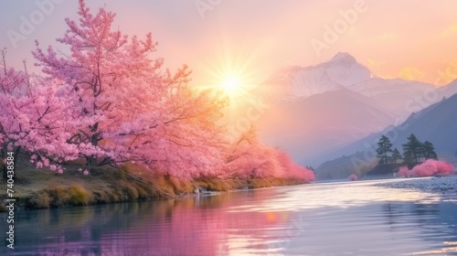  dramatic sunset over flowing clear river with blooming pink cherry blossom or pink sakura on tree on the way travel to Mardi Himal  Himalaya area  China.