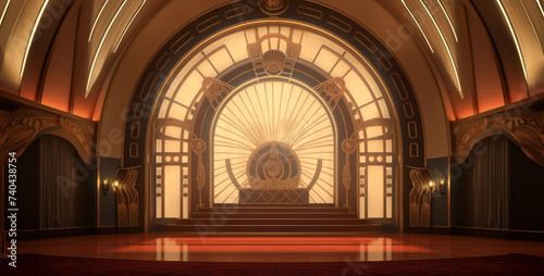 3D rendering of a classic theater stage with golden walls and ceiling.Interior of a classic room with gold walls and wooden floor 3d rendering