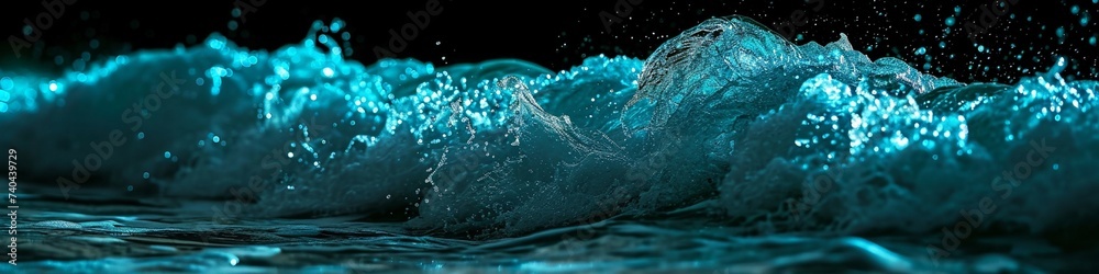 Intense neon cyan waves crashing in an abstract scene, with a sharpness and definition characteristic of HD photography