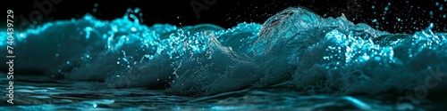 Intense neon cyan waves crashing in an abstract scene, with a sharpness and definition characteristic of HD photography photo