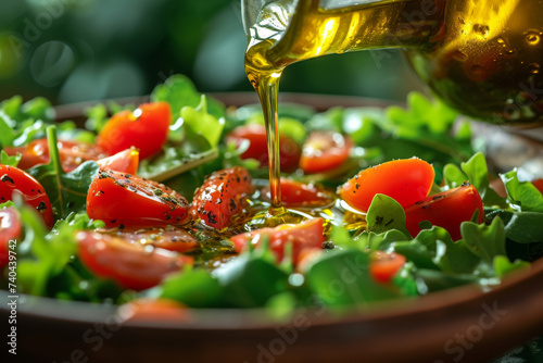 salad and pour salad dressing olive oil in dish. Organic Vegetables mix all green salad In bowl. vegetable Greek salad with ripe tomatoes, cucumbers, onions, and olives, dressed with olive oil.