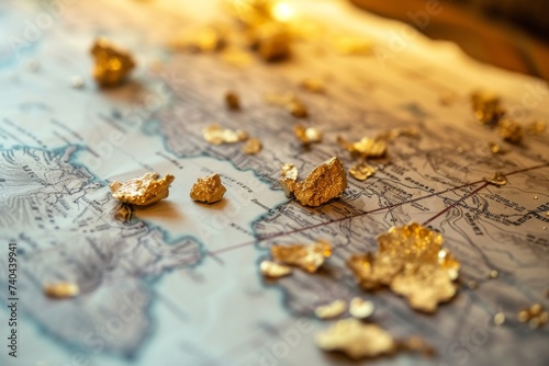 Natural gold nuggets displayed on a map with mining pan, symbolizing the search for wealth and the adventure of gold prospecting.