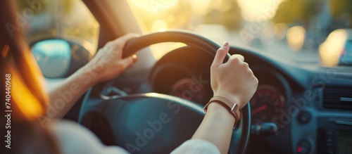 Confident woman driving car with hands on steering wheel in urban city street photo