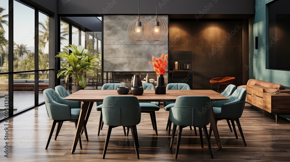 A contemporary dining room with pale cyan upholstered chairs and an enigmatic charcoal accent wall