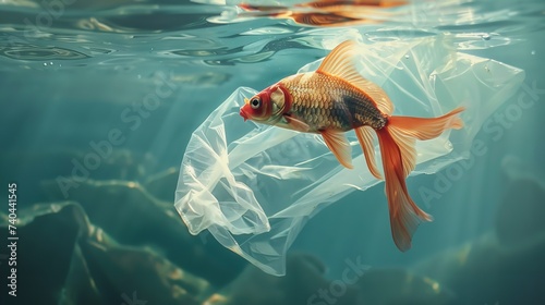 A fish in a pond with plastic bag floating back of it a concept of water pollution and save the world with space, Generative AI. photo