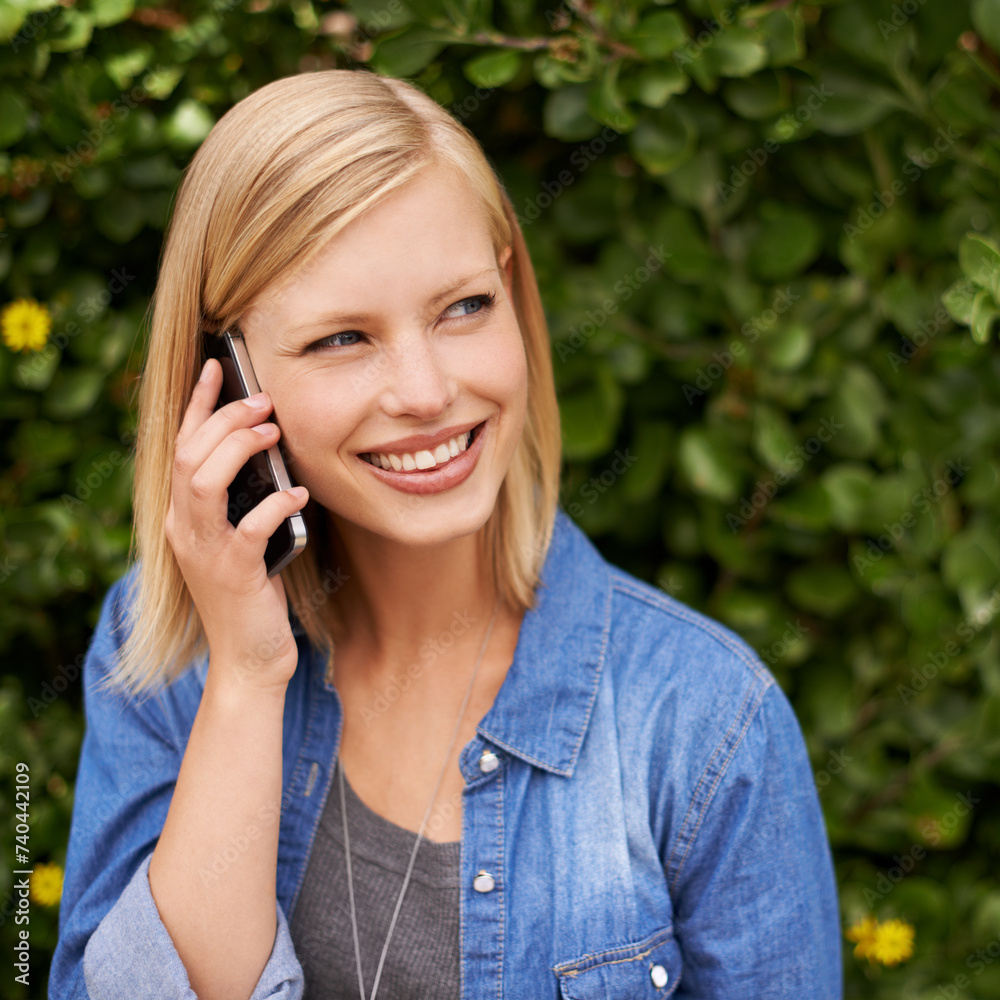 Phone call, smile and happy woman relax in a park with online conversation, listening or chat. Smartphone, hello or lady person in nature with web communication for taxi, chauffeur or commute service Phone call, smile and happy woman relax in a park with online conversation, listening or chat. Smartphone, hello or lady person in nature with web communication for taxi, chauffeur or commute service