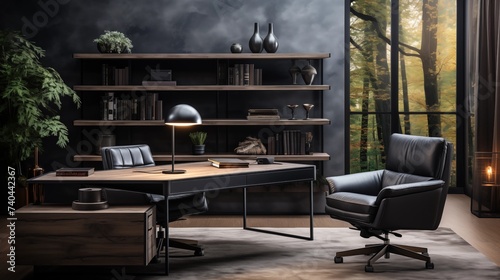 A contemporary home office with modern gray walls and sleek black furniture