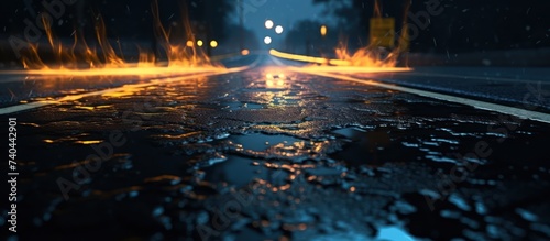 Night city after rain, View of roadside city lights from the asphalt surface