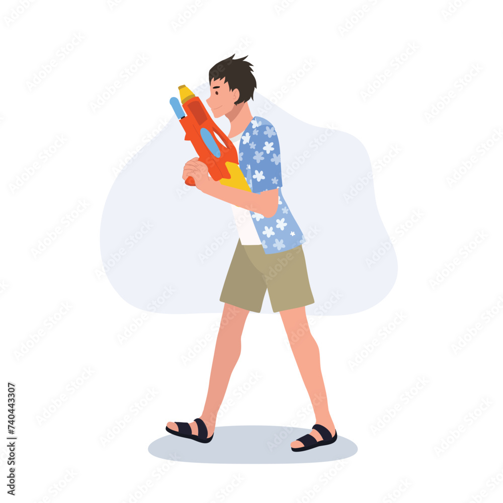 Joyful man Enjoying Songkarn Festival Water Fight. man with Water Gun Joyful man Enjoying Songkarn Festival Water Fight. man with Water Gun