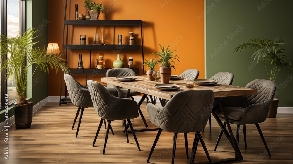 Obraz premium A cozy dining room with earthy terracotta accent wall and olive green furniture