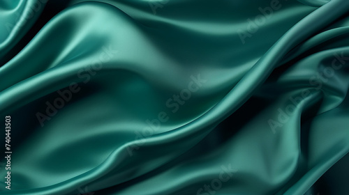 Dark teal green silk satin Shiny smooth fabric Soft folds Luxury background with space for design photo