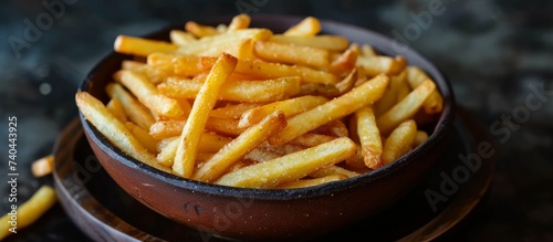 A staple food made from deepfrying potatoes, French fries are served on a wooden plate. This fried food is a popular ingredient in many recipes photo