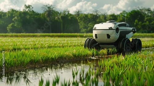 A robot farming in rice filed a concept of digitalization with an empty space for text or product, Generative AI.