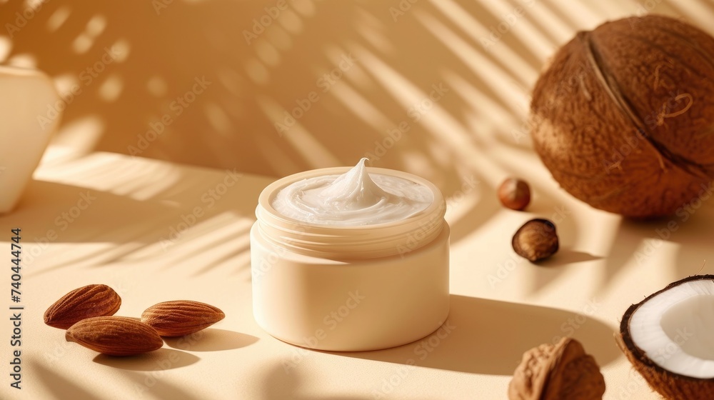Natural Coconut Almond Cream. Luxurious natural moisturizing cream in a brown jar surrounded by fresh coconut and almonds on a beige background. Waterless skincare