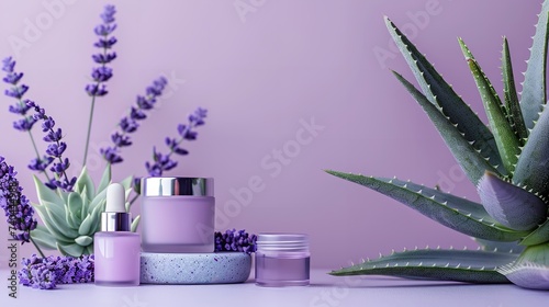 Aloe vera leaf-filled holders and a cluster of aloe healthcare goods on a pastel setting and space, Generative AI.