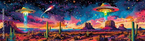 Sparkle embedded UFOs descending on a robot festival captured in bold pop art watercolors photo