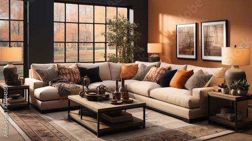 A cozy living room with light honey walls and espresso accent furniture