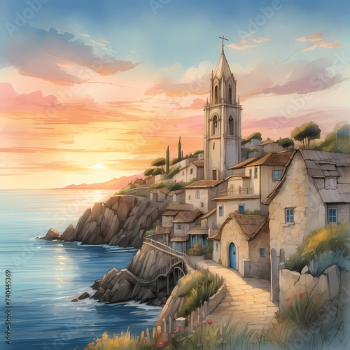 Foto a coastal village scene at sunset, with a small chapel overlooking the sea, its