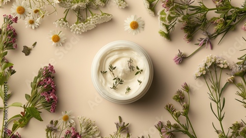 Natural organic cosmetics skincare. Herbal cosmetics cream. Cream open jar 